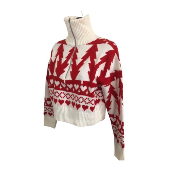 Jessica‎ Simpson red white pine hearts zip front pullover sweater size Small - Picture 1 of 17